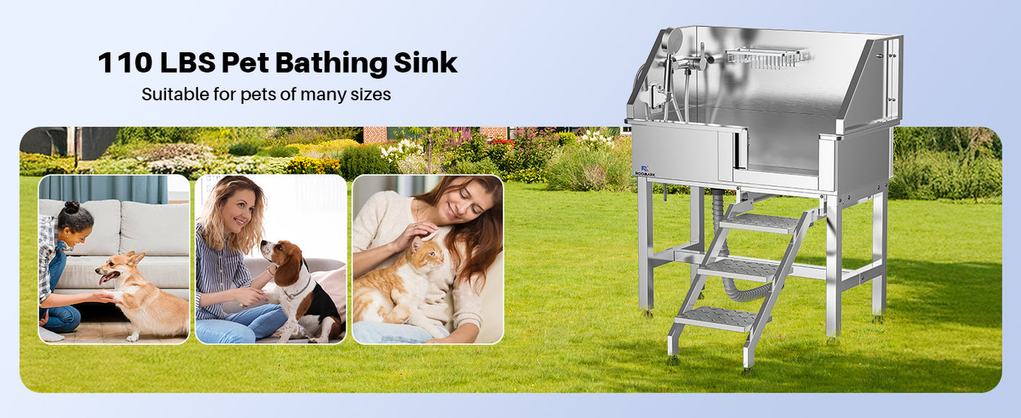 34" Stainless Steel Dog Washing Station with Sliding Door, Steps, Faucet & Sprayer – Easy-Access Bathtub for Small to Medium Pets, Max 110LB Capacity, Right Door Entry, Durable & Easy to Clean, Home Pet Care | Sliding Door